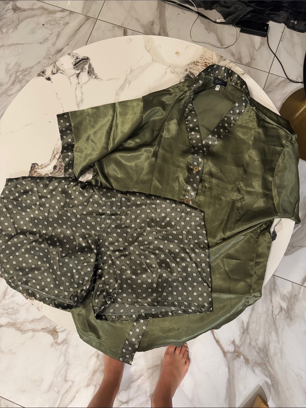 Olive Green Silky Pajama Set with Patterned Trim